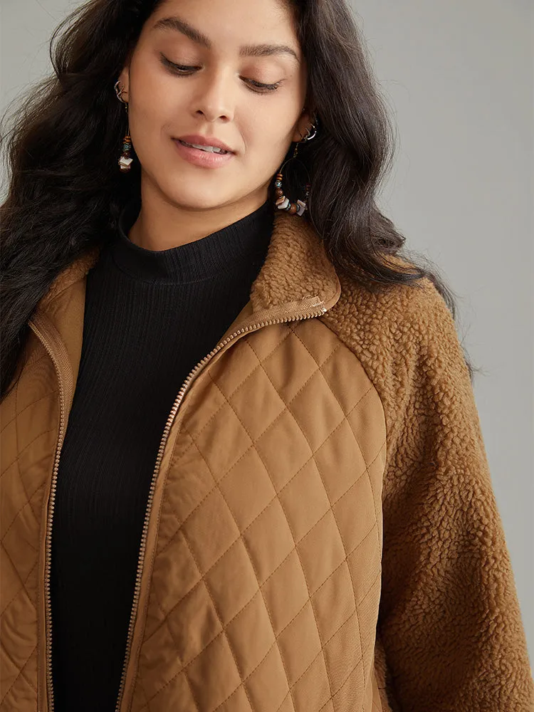 Fuzzy Raglan Sleeve Quilted Zipper Fly Jacket