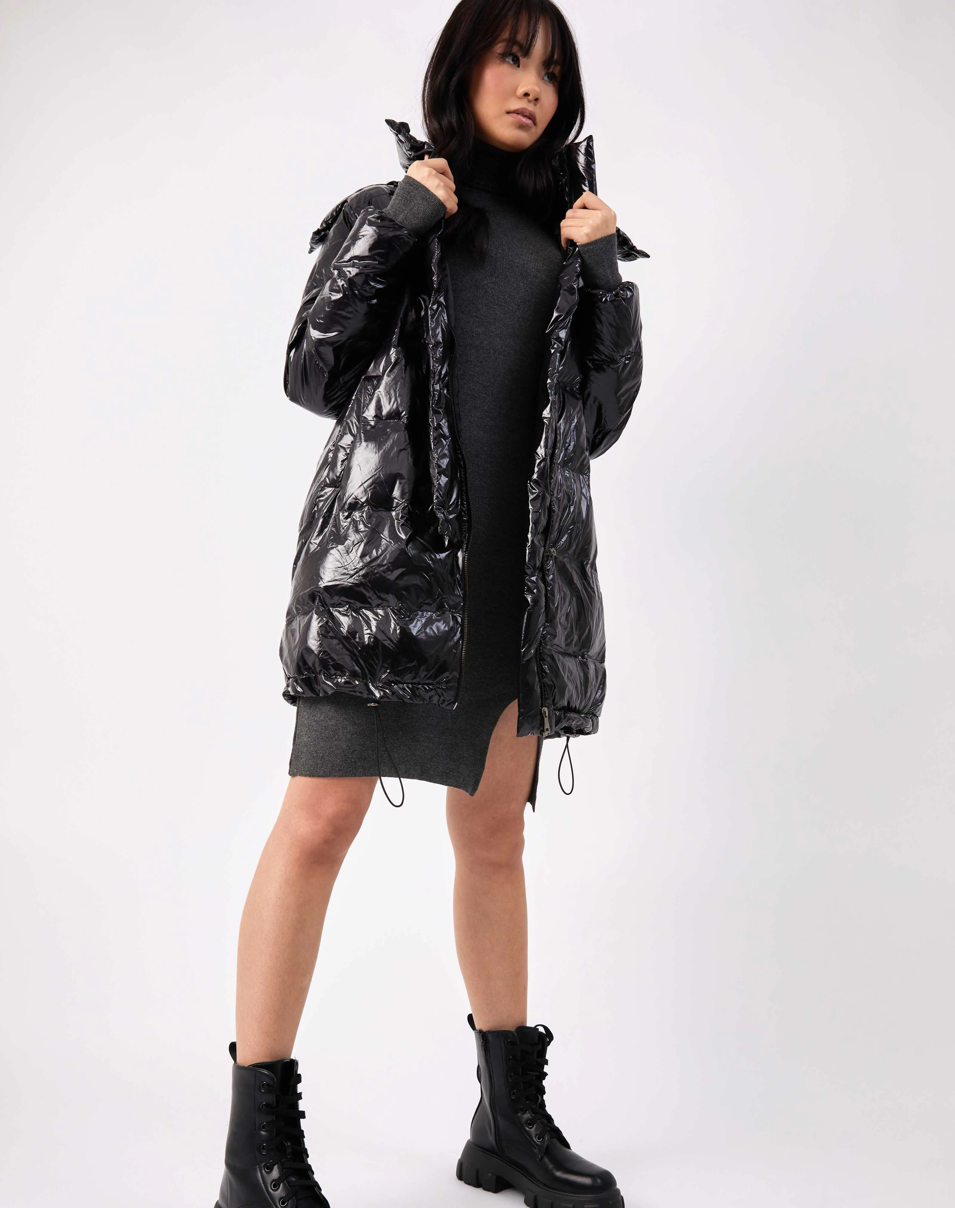 High Shine Puffer Coat in Black | Lola