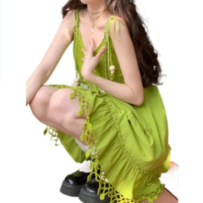 Hnzxzm Dress Holiday Wind Fruit Green Skirts Summer Cool Lazy Wind Hook Flower Hollow Halter Dress Two-piece Suit Sweet Fashion Fresh