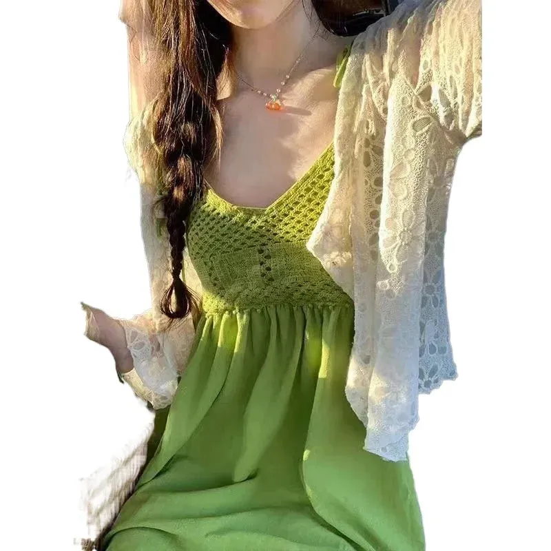 Hnzxzm Dress Holiday Wind Fruit Green Skirts Summer Cool Lazy Wind Hook Flower Hollow Halter Dress Two-piece Suit Sweet Fashion Fresh