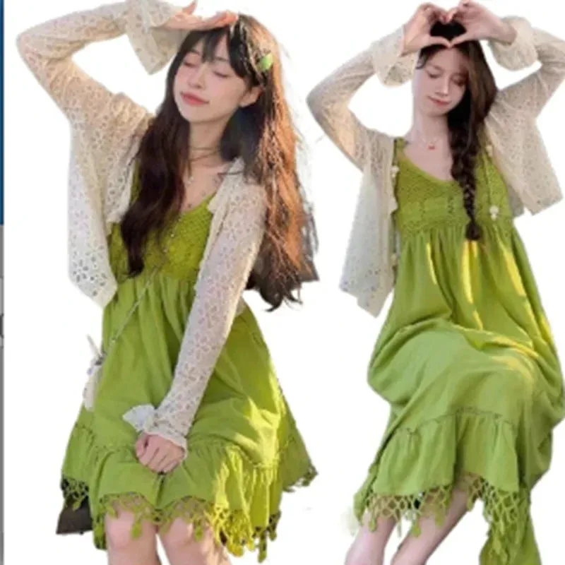 Hnzxzm Dress Holiday Wind Fruit Green Skirts Summer Cool Lazy Wind Hook Flower Hollow Halter Dress Two-piece Suit Sweet Fashion Fresh