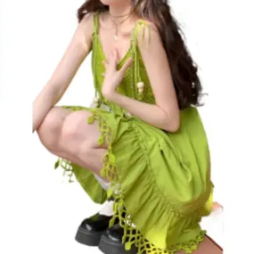 Hnzxzm Dress Holiday Wind Fruit Green Skirts Summer Cool Lazy Wind Hook Flower Hollow Halter Dress Two-piece Suit Sweet Fashion Fresh