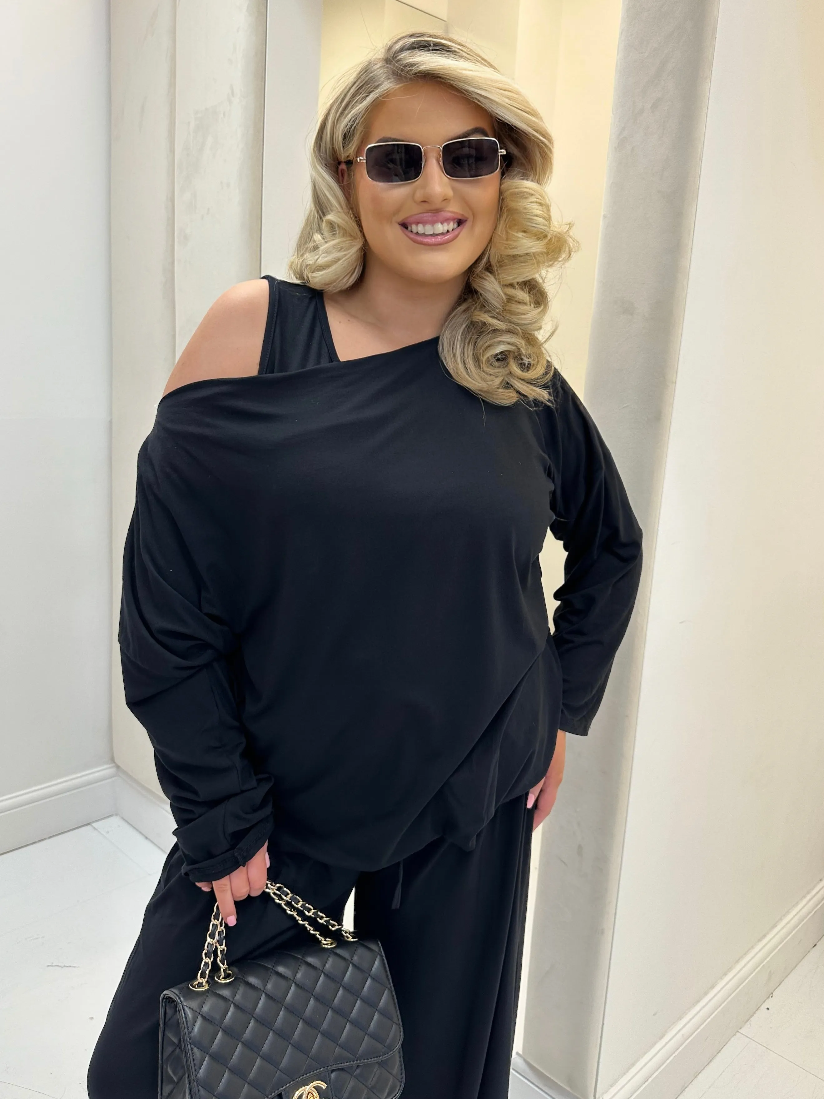 Hollyanna Curve Black Cowl Neck Jersey Drawstring Co-Ord