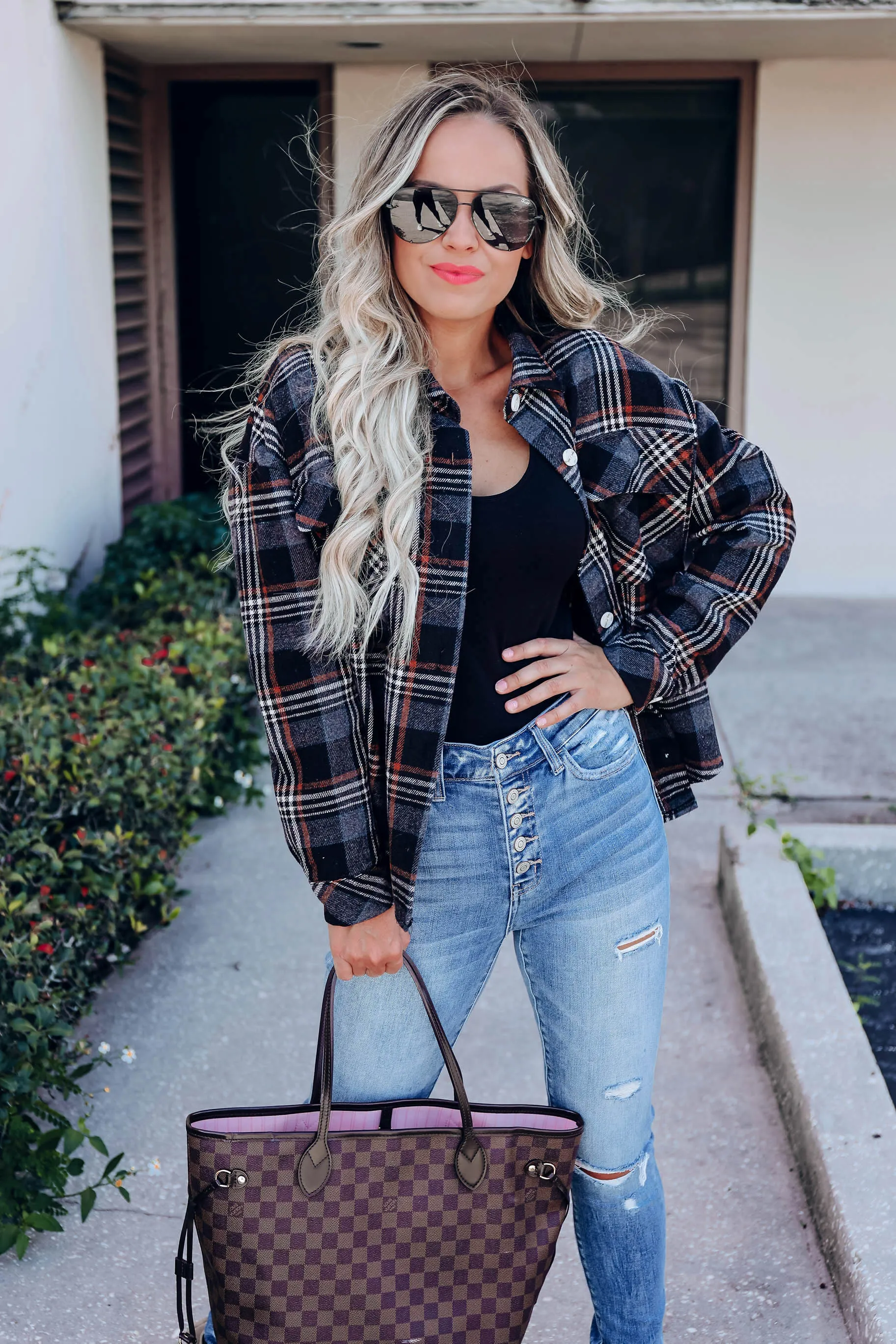 Jackie Plaid Collared Shacket - Black