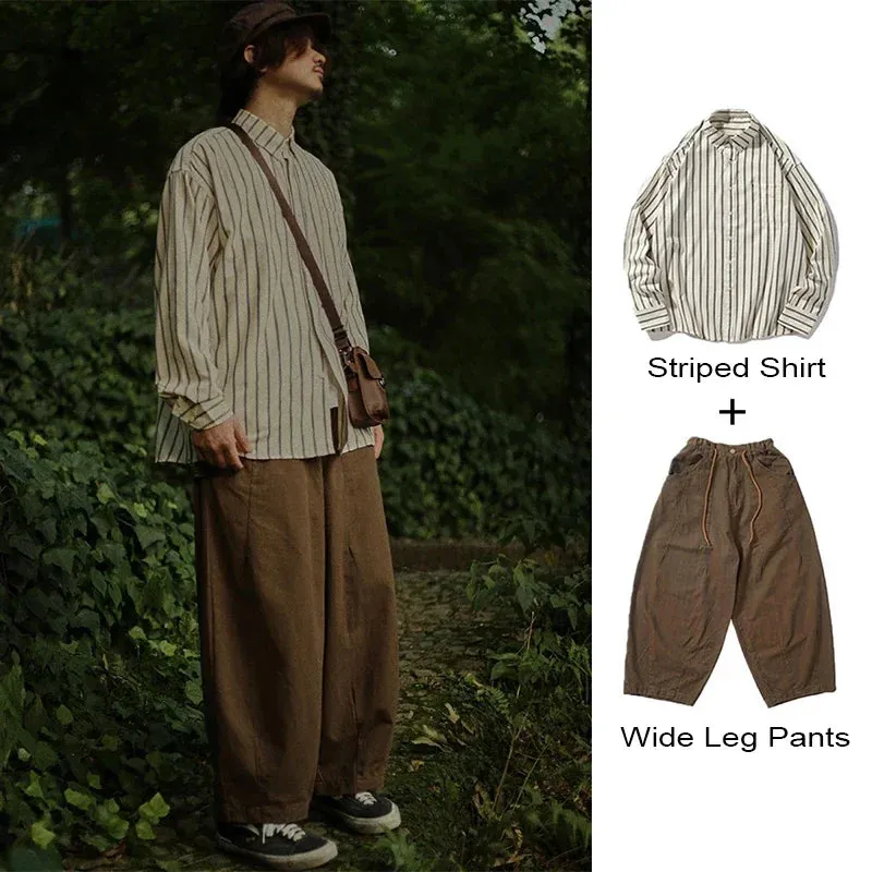 Japanese Vintage Set Men Women Multi-pocket Cargo Vest Spring Autumn Striped Long-sleeved Shirt Loose Casual Pants Three-piece