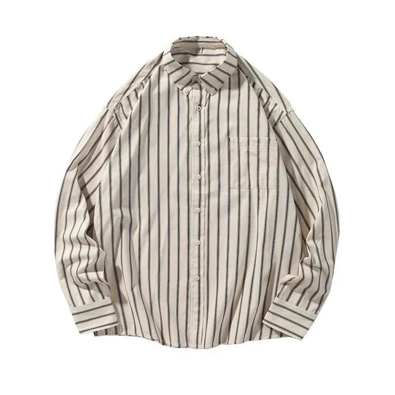 Japanese Vintage Set Men Women Multi-pocket Cargo Vest Spring Autumn Striped Long-sleeved Shirt Loose Casual Pants Three-piece