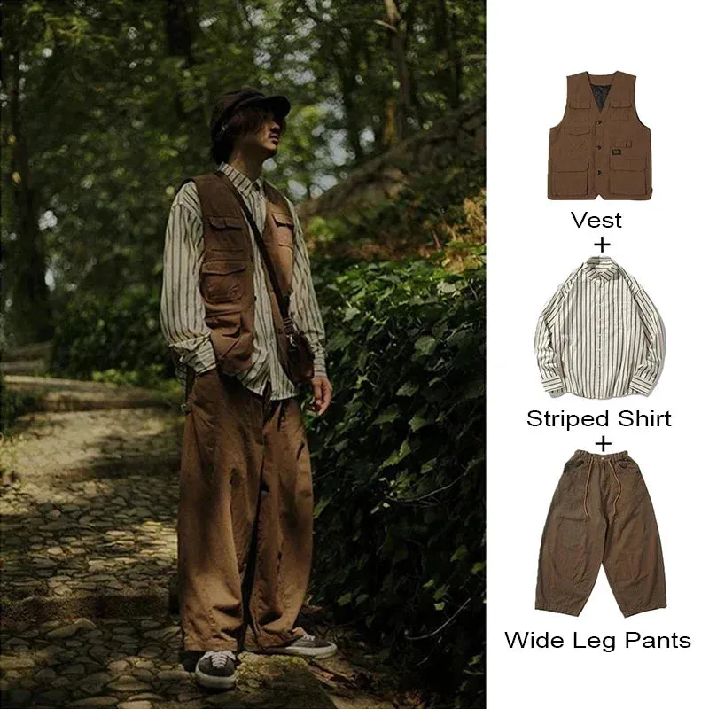 Japanese Vintage Set Men Women Multi-pocket Cargo Vest Spring Autumn Striped Long-sleeved Shirt Loose Casual Pants Three-piece