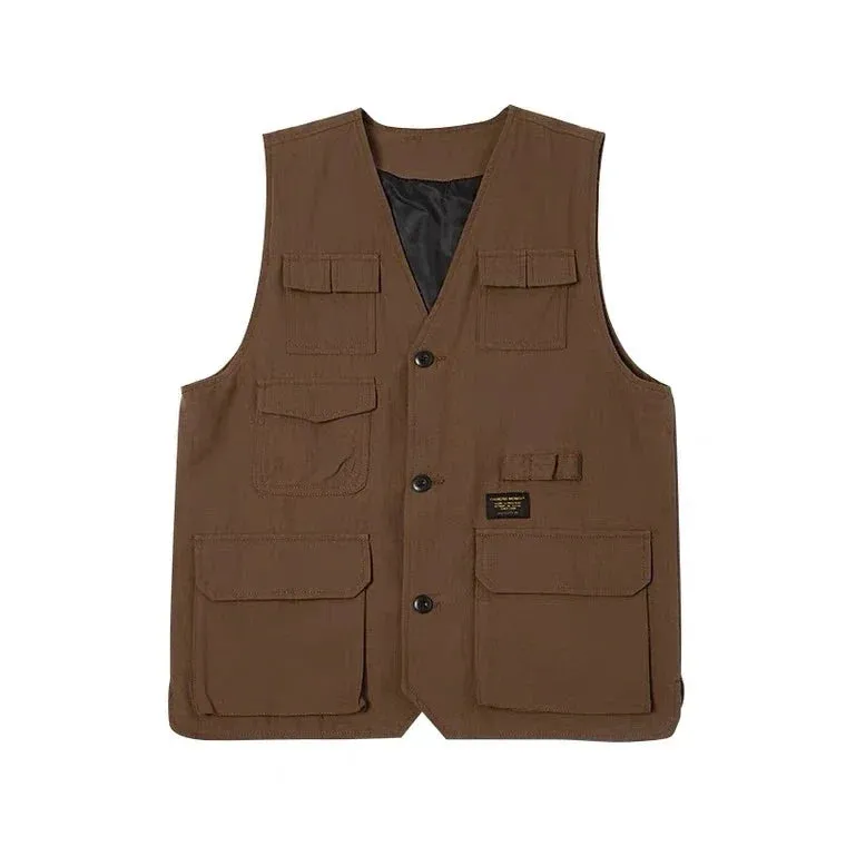 Japanese Vintage Set Men Women Multi-pocket Cargo Vest Spring Autumn Striped Long-sleeved Shirt Loose Casual Pants Three-piece