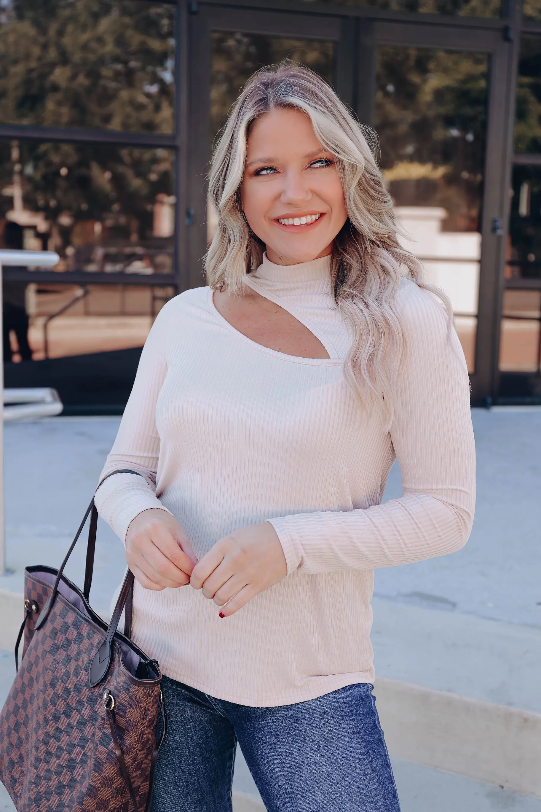 Leona Keyhole Mock Neck Top - Taupe