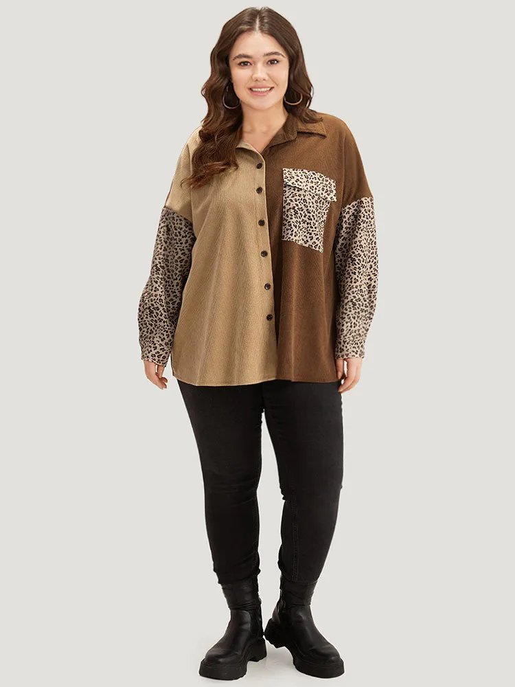 Leopard Patchwork Pocket Contrast Button Through Coat