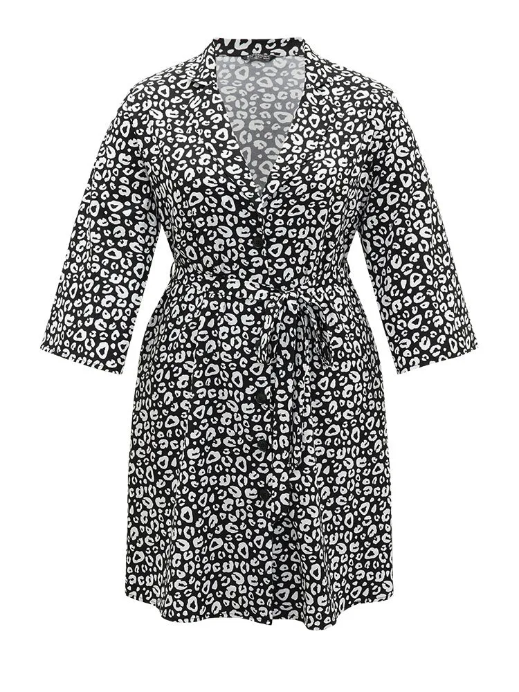 Leopard Print Belted Suit Collar Button Up Kimono