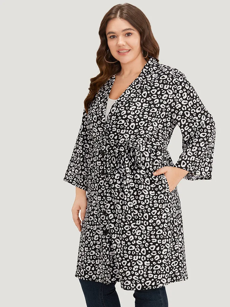 Leopard Print Belted Suit Collar Button Up Kimono