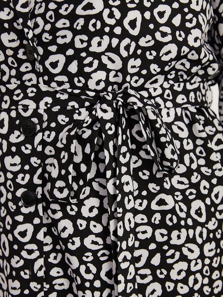 Leopard Print Belted Suit Collar Button Up Kimono