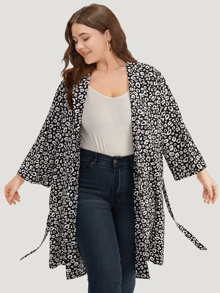 Leopard Print Belted Suit Collar Button Up Kimono