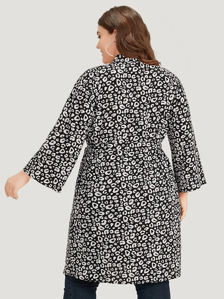 Leopard Print Belted Suit Collar Button Up Kimono