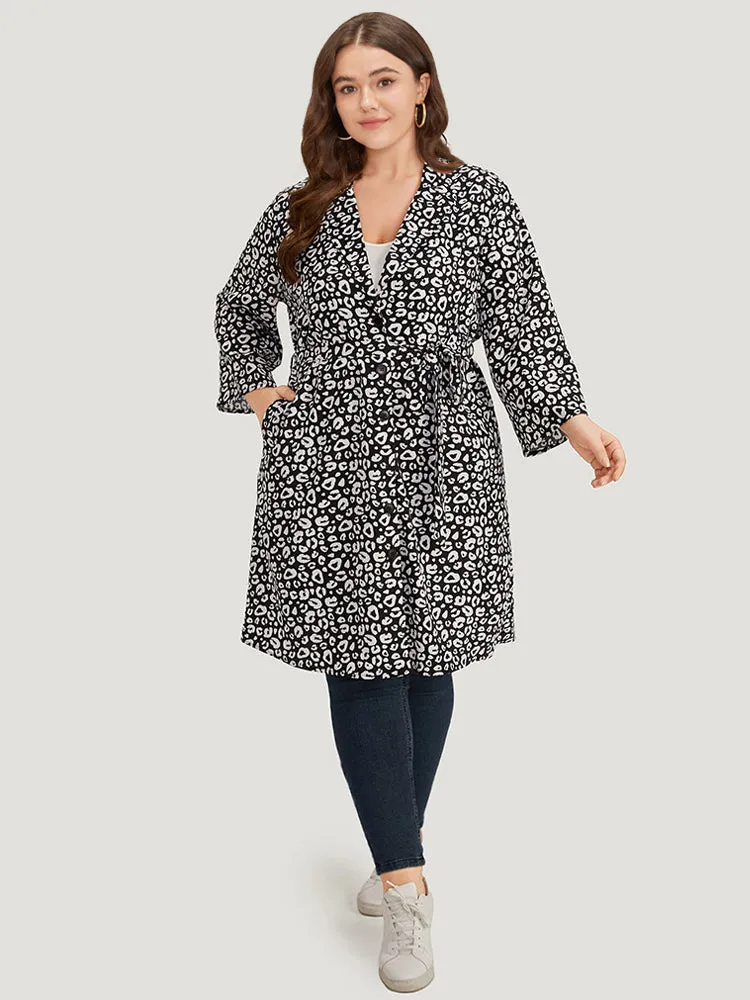 Leopard Print Belted Suit Collar Button Up Kimono