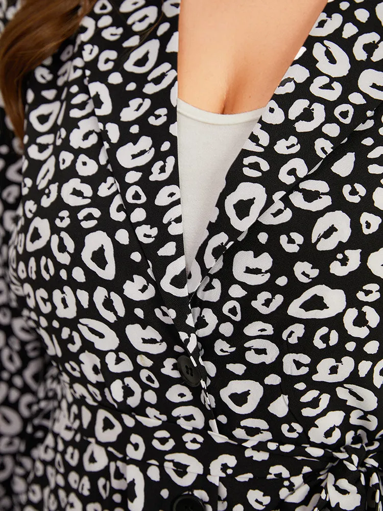 Leopard Print Belted Suit Collar Button Up Kimono
