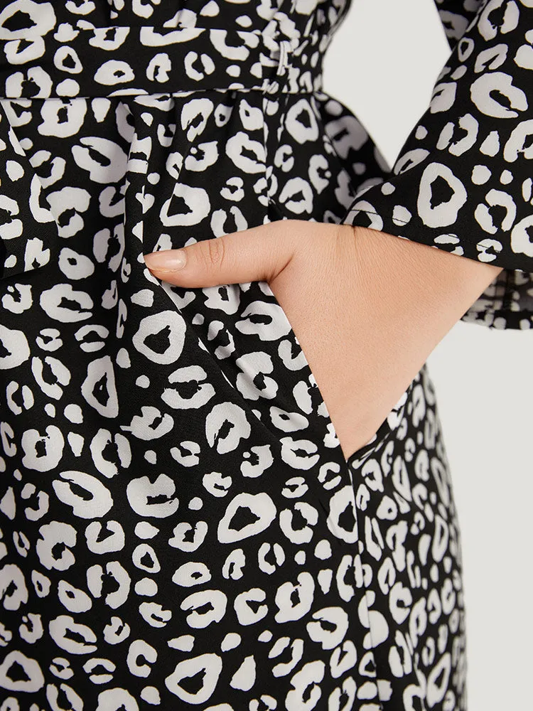 Leopard Print Belted Suit Collar Button Up Kimono
