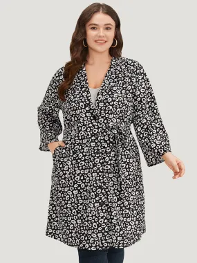 Leopard Print Belted Suit Collar Button Up Kimono