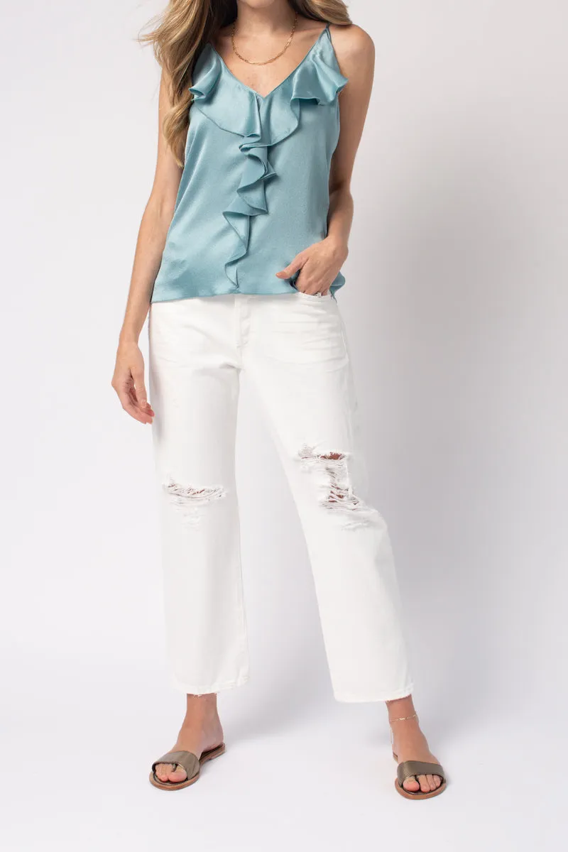 Marocain Satin Top with Flounces in Aqua Marina