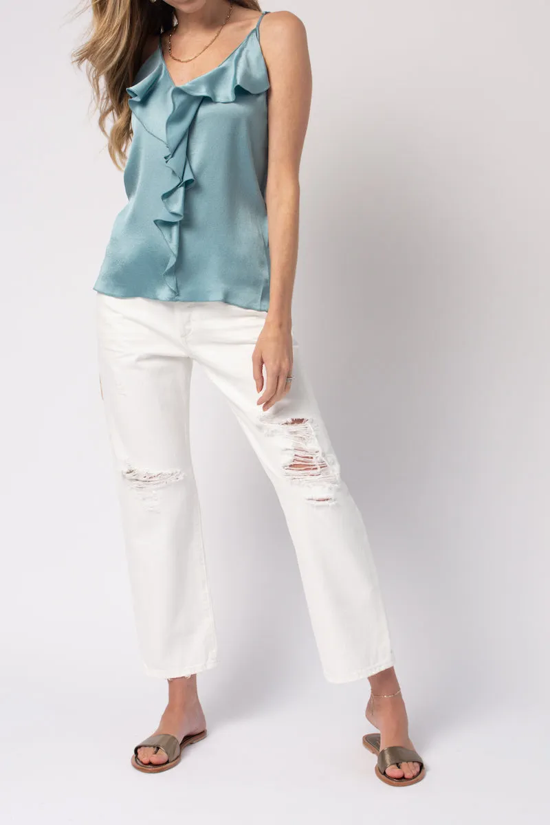 Marocain Satin Top with Flounces in Aqua Marina
