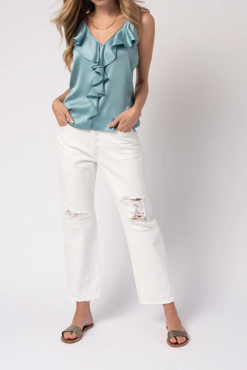 Marocain Satin Top with Flounces in Aqua Marina
