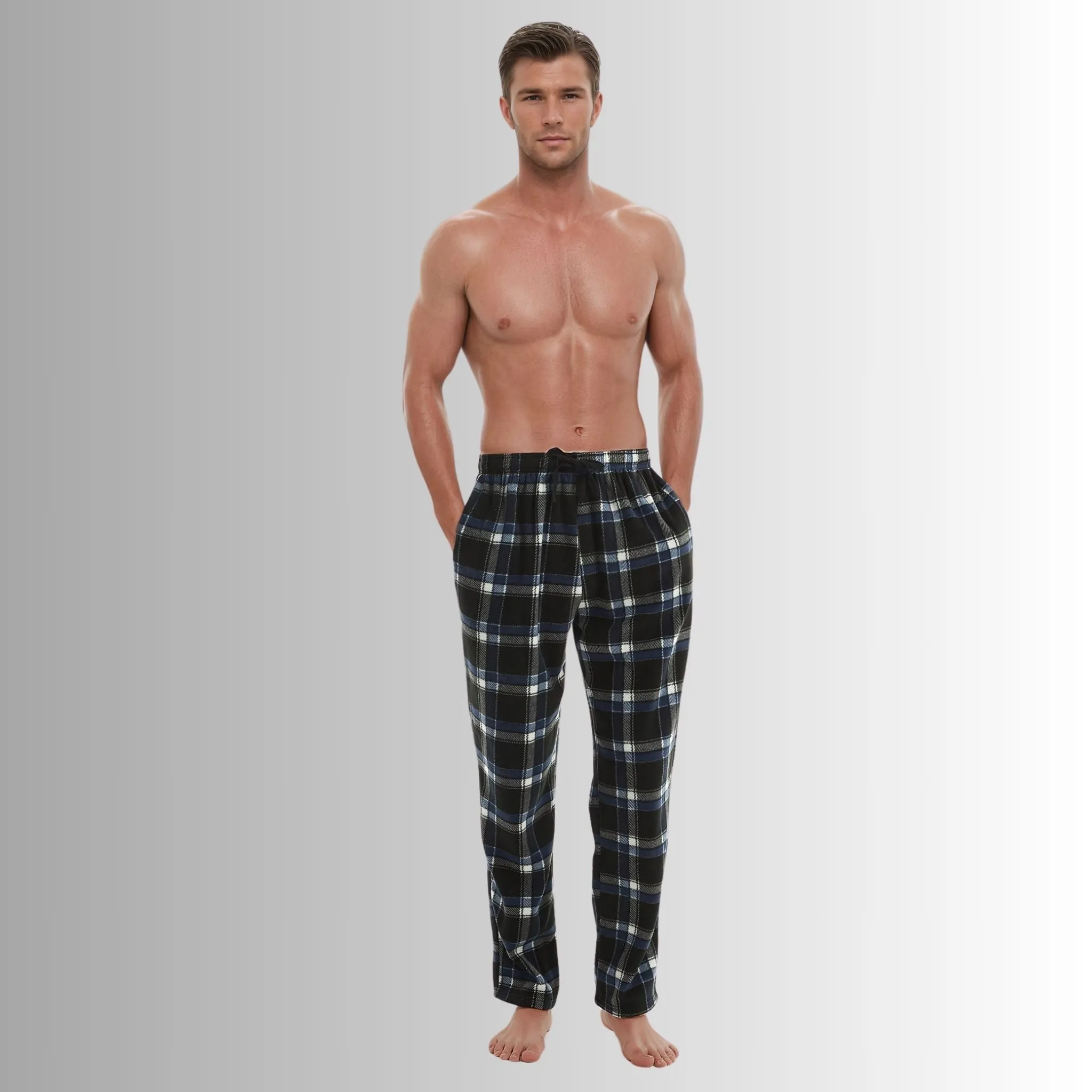 Men's Fleece Pyjama Bottoms, Lounge Pants, Blue Black