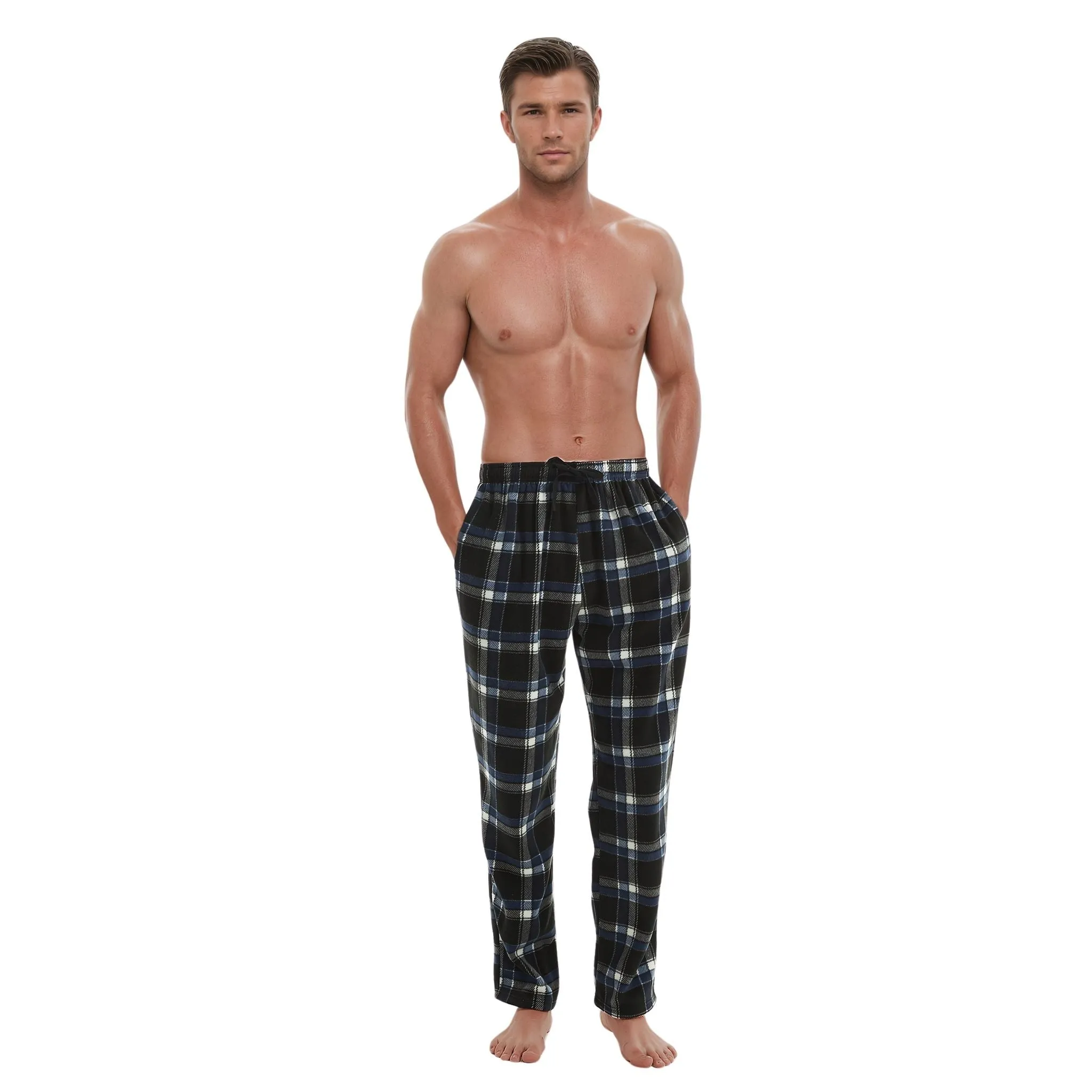 Men's Fleece Pyjama Bottoms, Lounge Pants, Blue Black