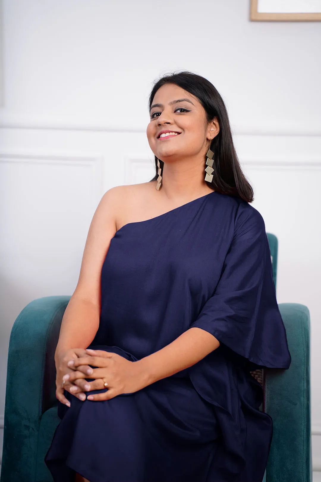 Navy Rayon OneShoulder Dress - Solid