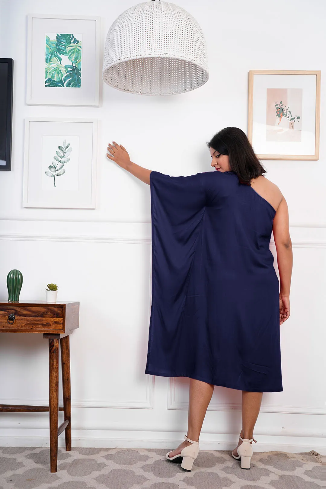 Navy Rayon OneShoulder Dress - Solid