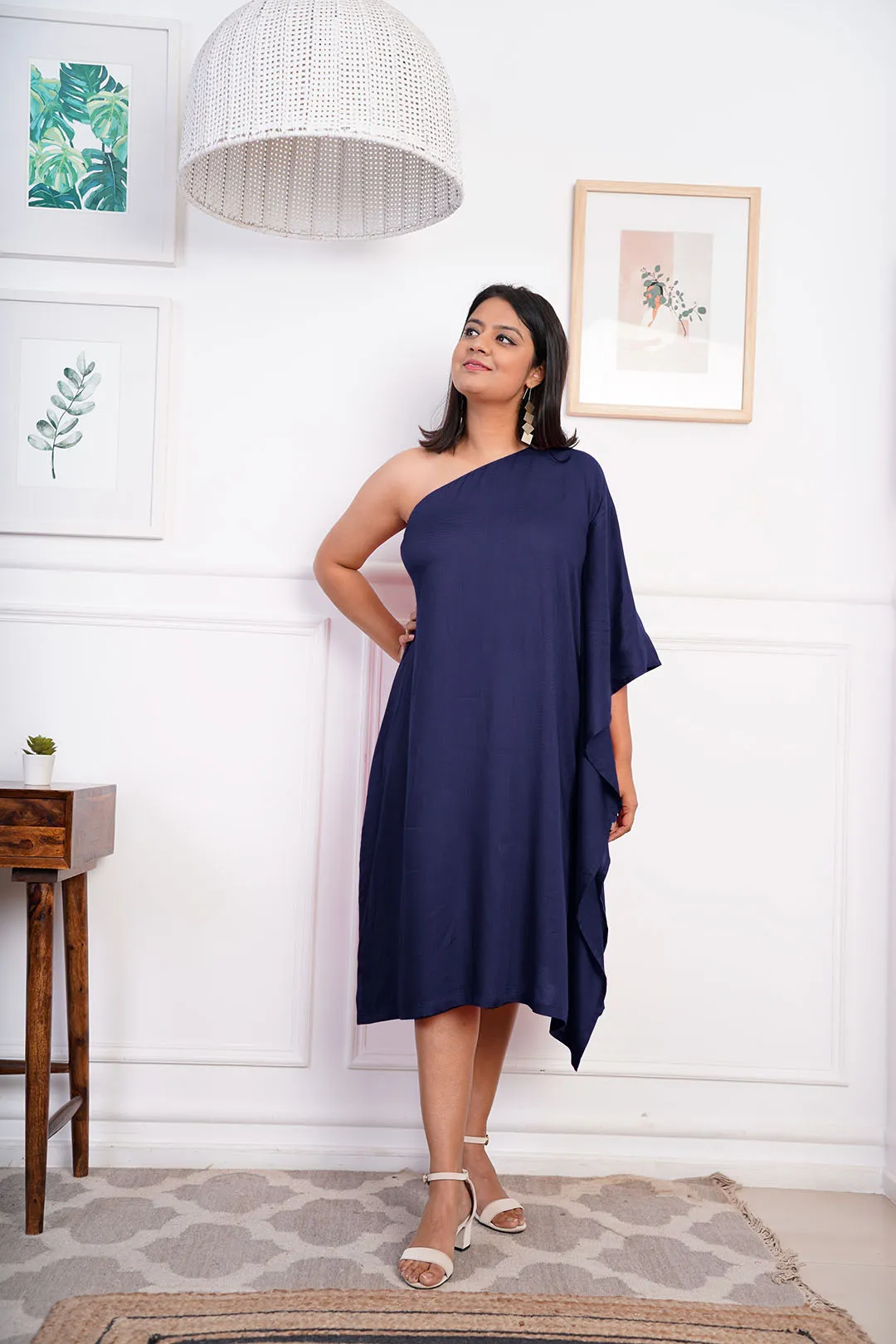 Navy Rayon OneShoulder Dress - Solid