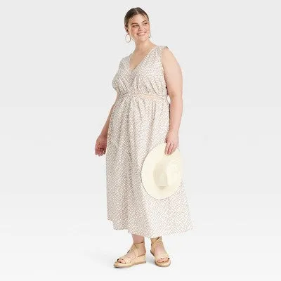 New - Women's Cut-Out Maxi A-Line Dress - Universal Thread Tan Abstract 2X