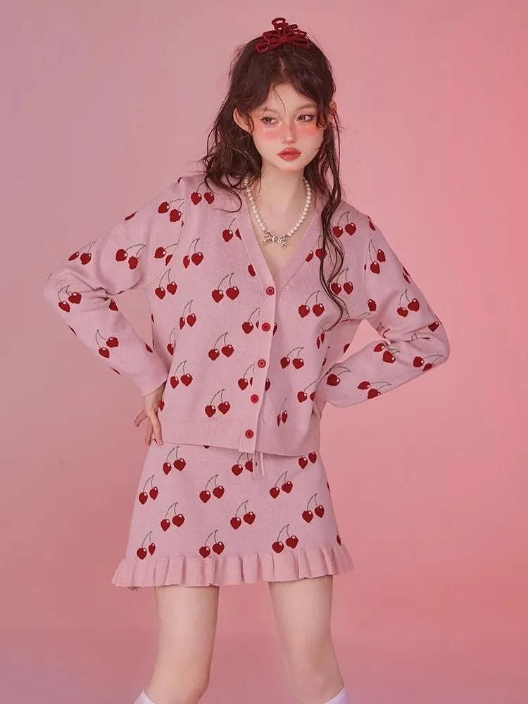 Pink Camisole Skirt Cardigan Two Piece Knit Dresses【s0000006585】