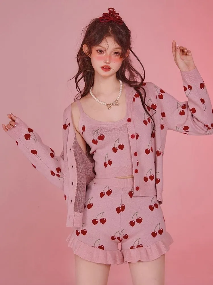 Pink Camisole Skirt Cardigan Two Piece Knit Dresses【s0000006585】