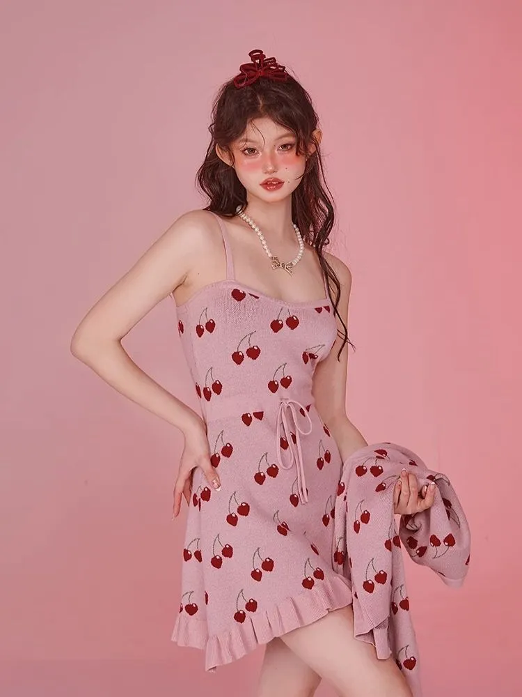 Pink Camisole Skirt Cardigan Two Piece Knit Dresses【s0000006585】