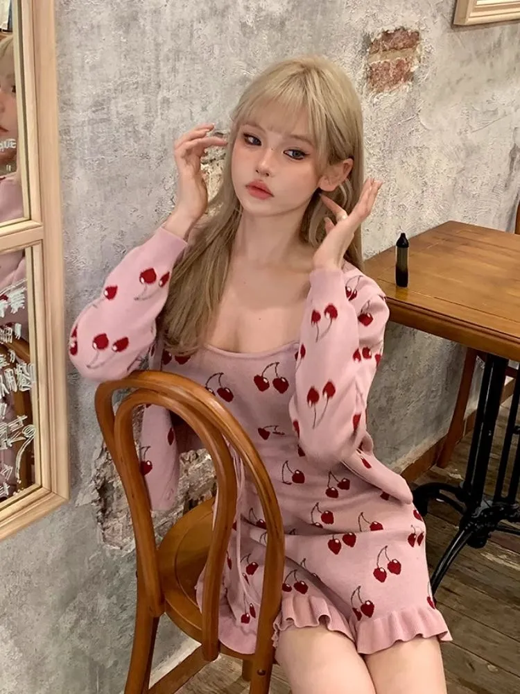 Pink Camisole Skirt Cardigan Two Piece Knit Dresses【s0000006585】