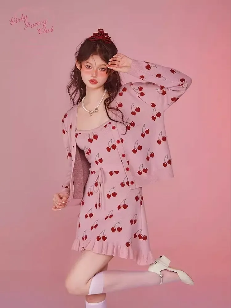 Pink Camisole Skirt Cardigan Two Piece Knit Dresses【s0000006585】