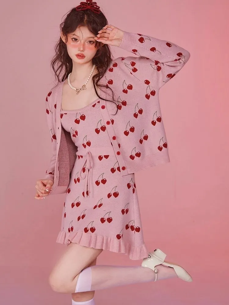 Pink Camisole Skirt Cardigan Two Piece Knit Dresses【s0000006585】