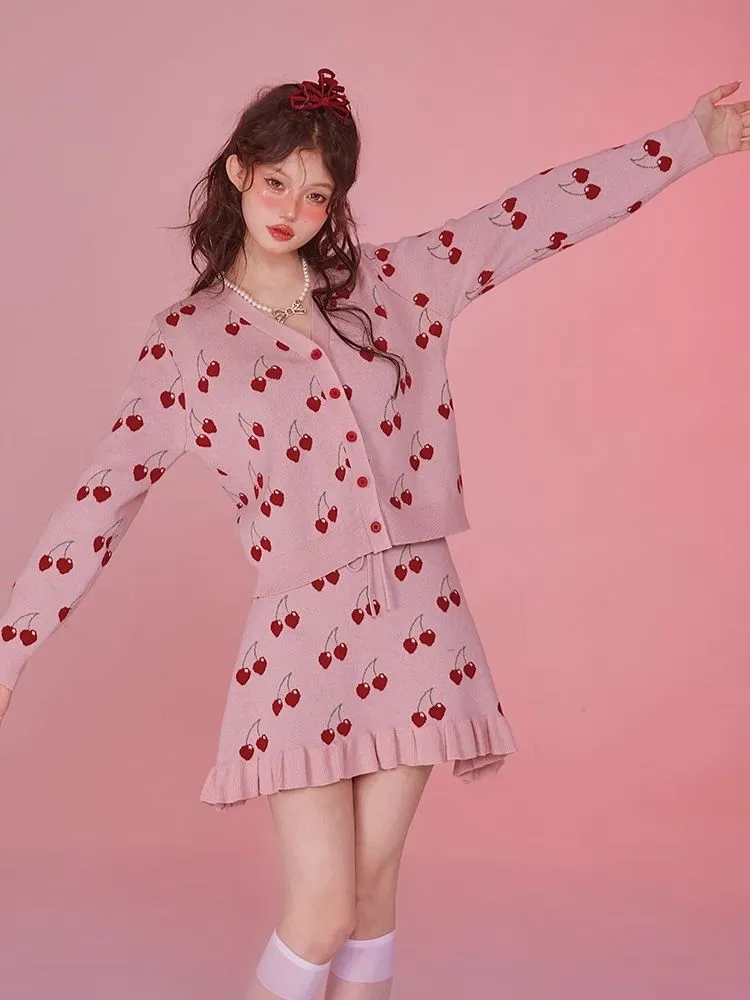 Pink Camisole Skirt Cardigan Two Piece Knit Dresses【s0000006585】
