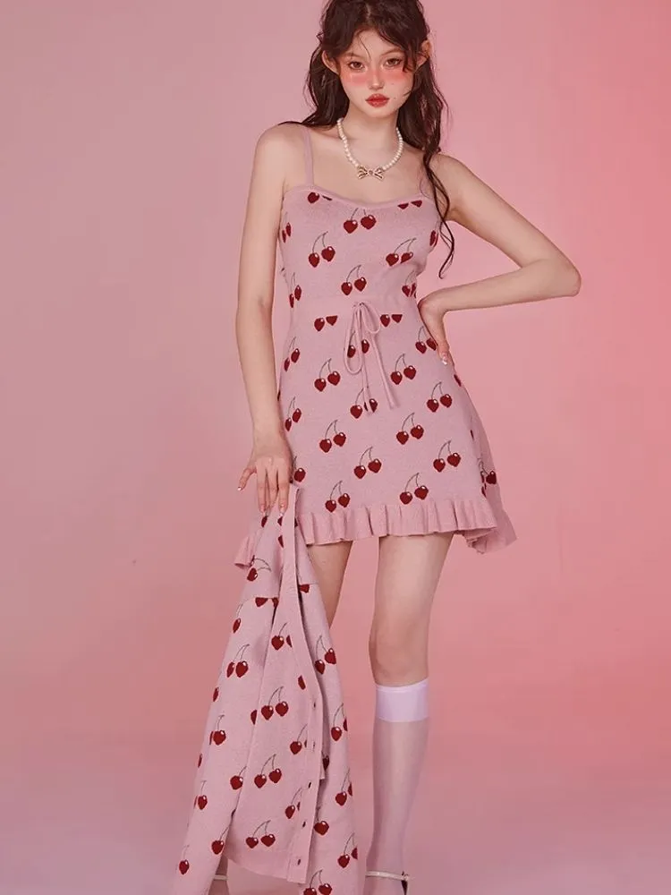 Pink Camisole Skirt Cardigan Two Piece Knit Dresses【s0000006585】
