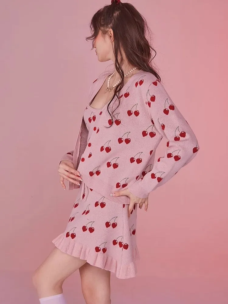 Pink Camisole Skirt Cardigan Two Piece Knit Dresses【s0000006585】