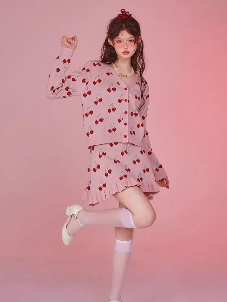 Pink Camisole Skirt Cardigan Two Piece Knit Dresses【s0000006585】