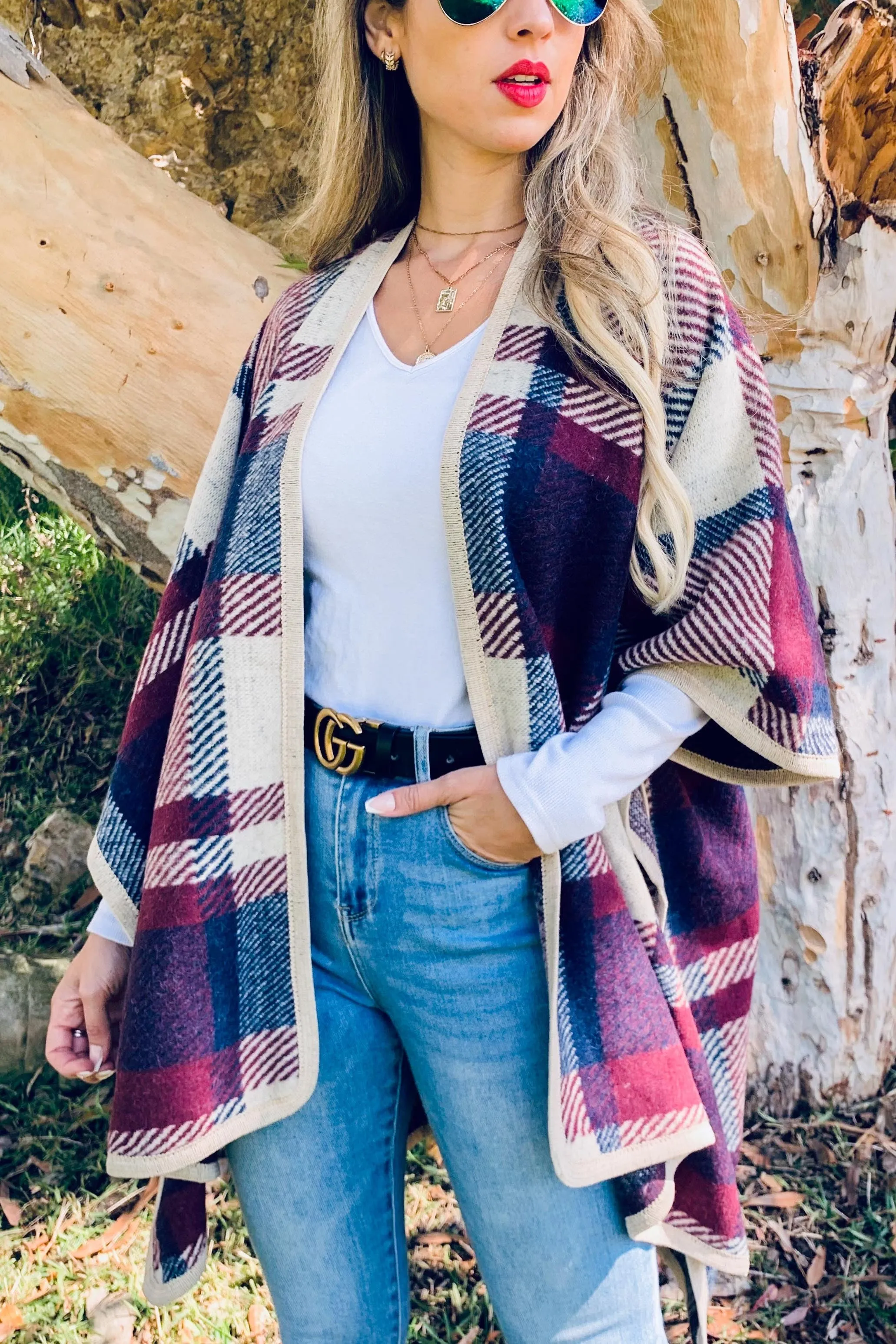 Plaid Poncho Cardigan