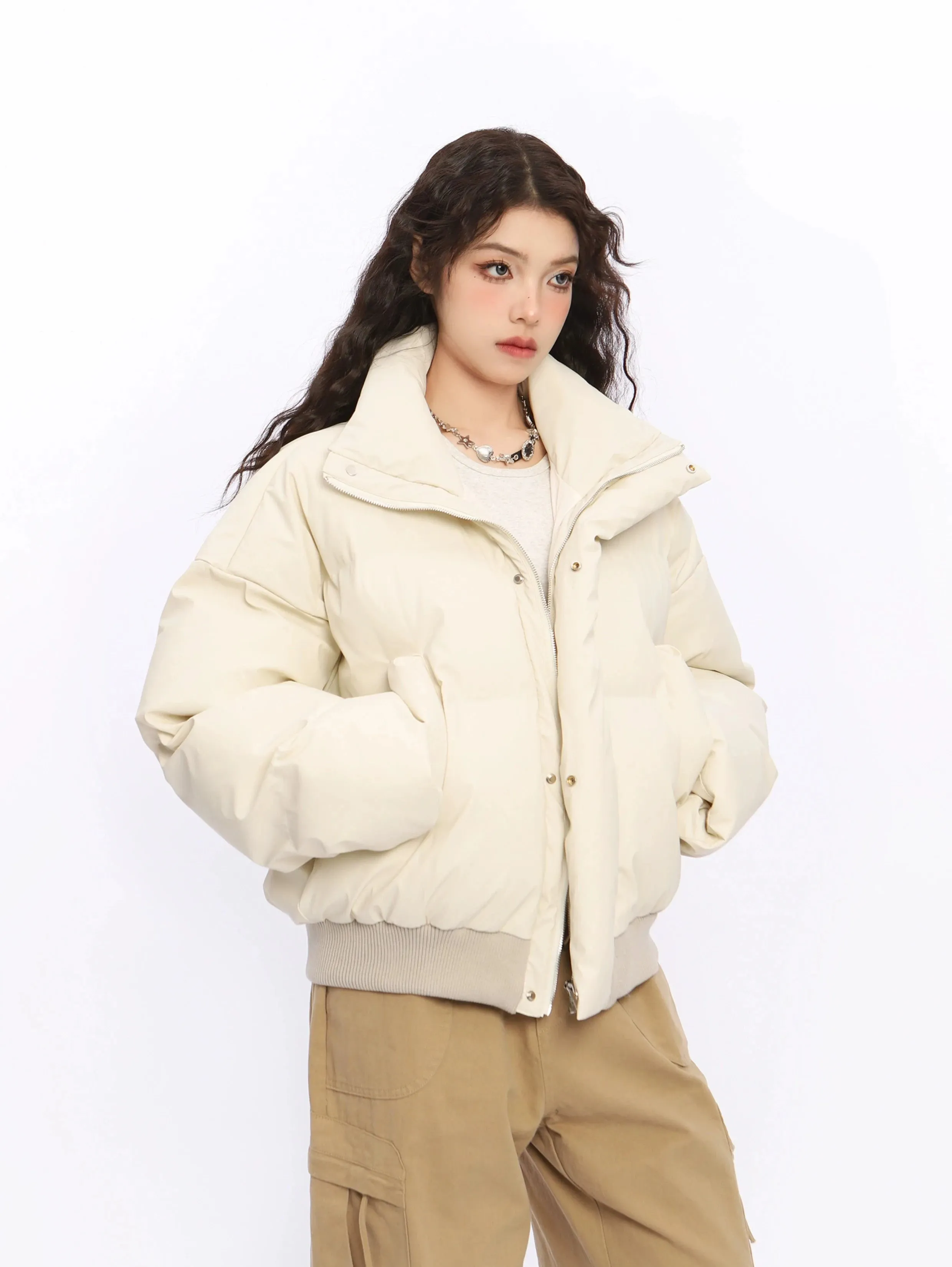 Puffer Jacket with Stand Collar and Elastic Hem
