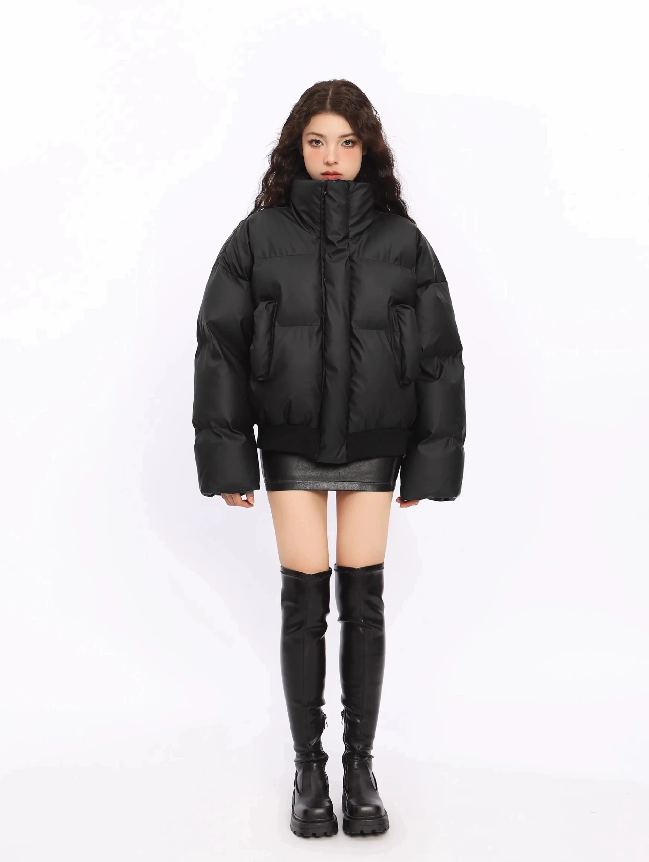 Puffer Jacket with Stand Collar and Elastic Hem