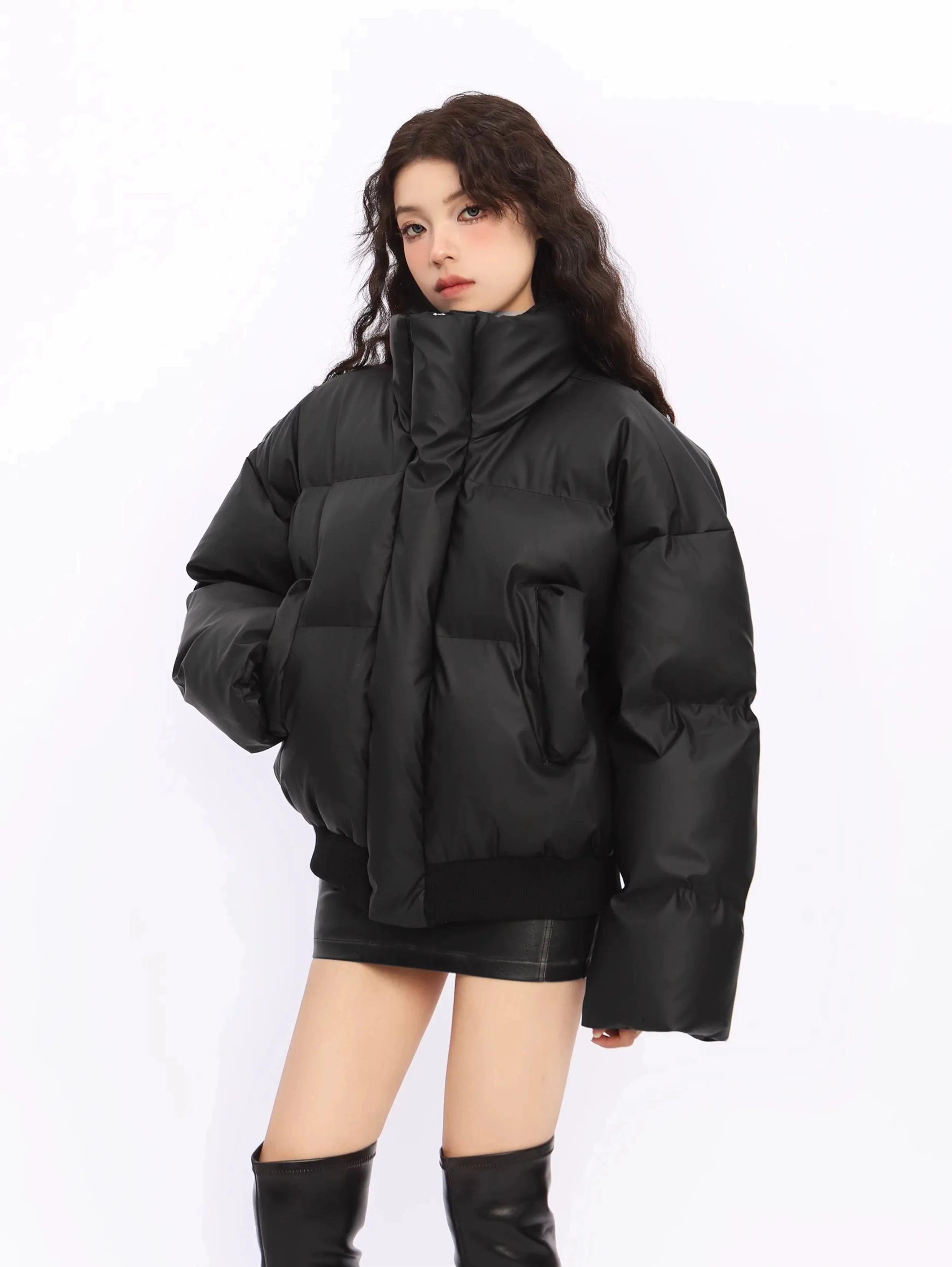 Puffer Jacket with Stand Collar and Elastic Hem