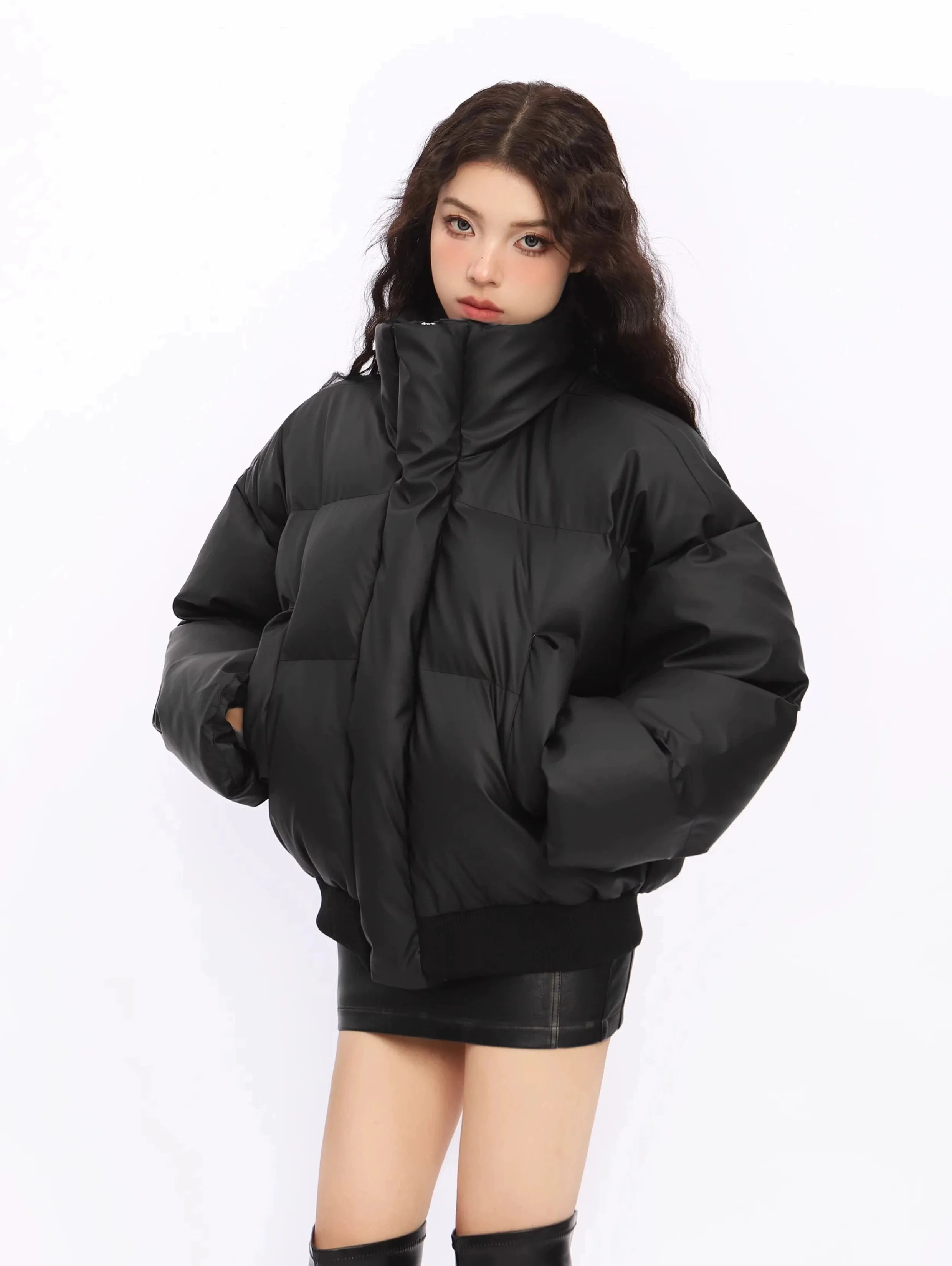 Puffer Jacket with Stand Collar and Elastic Hem