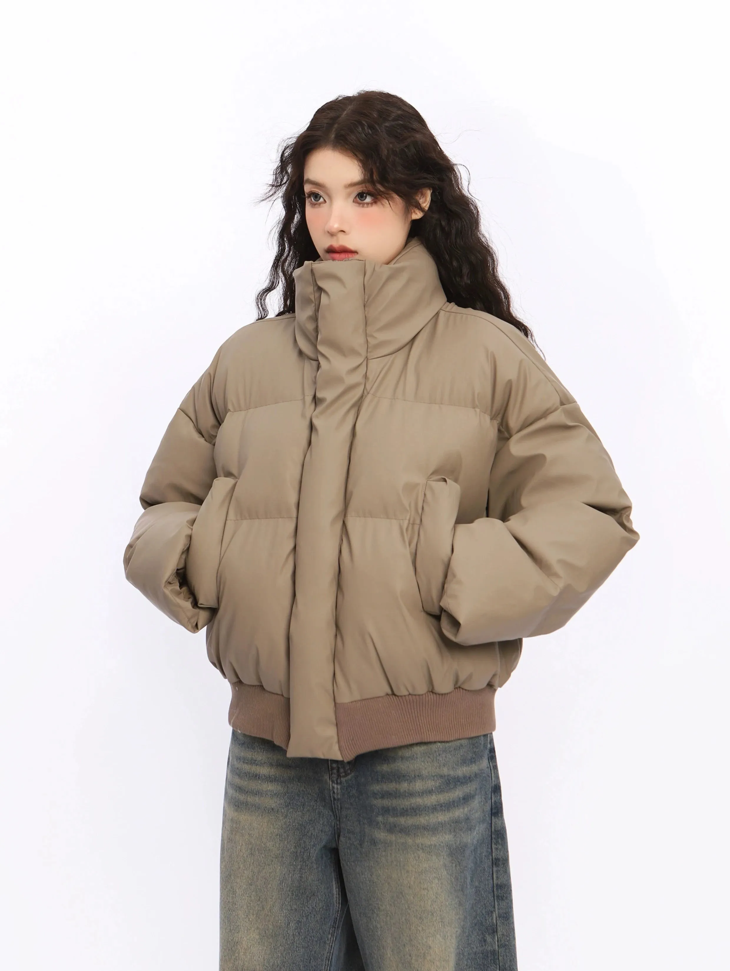 Puffer Jacket with Stand Collar and Elastic Hem