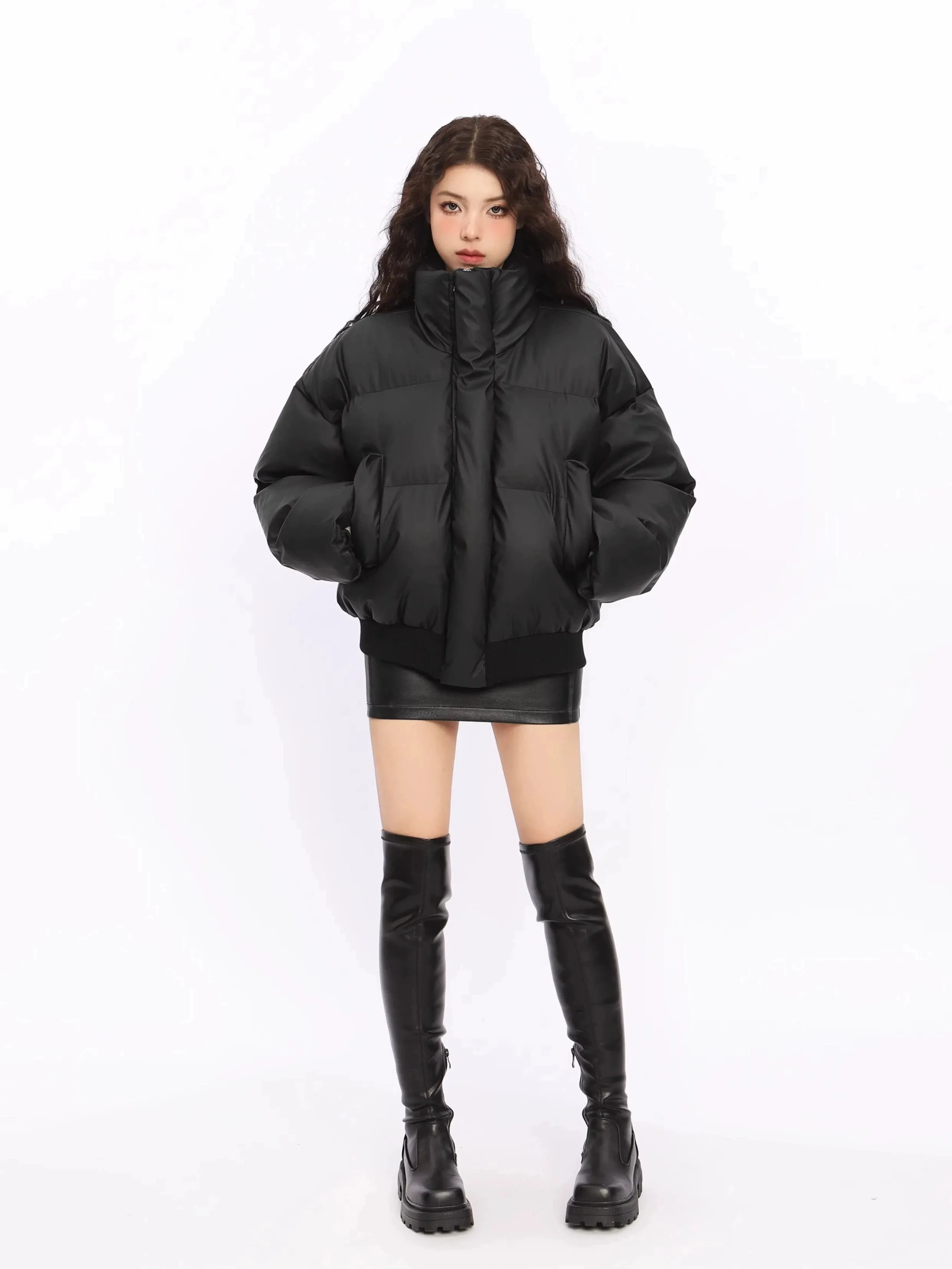 Puffer Jacket with Stand Collar and Elastic Hem