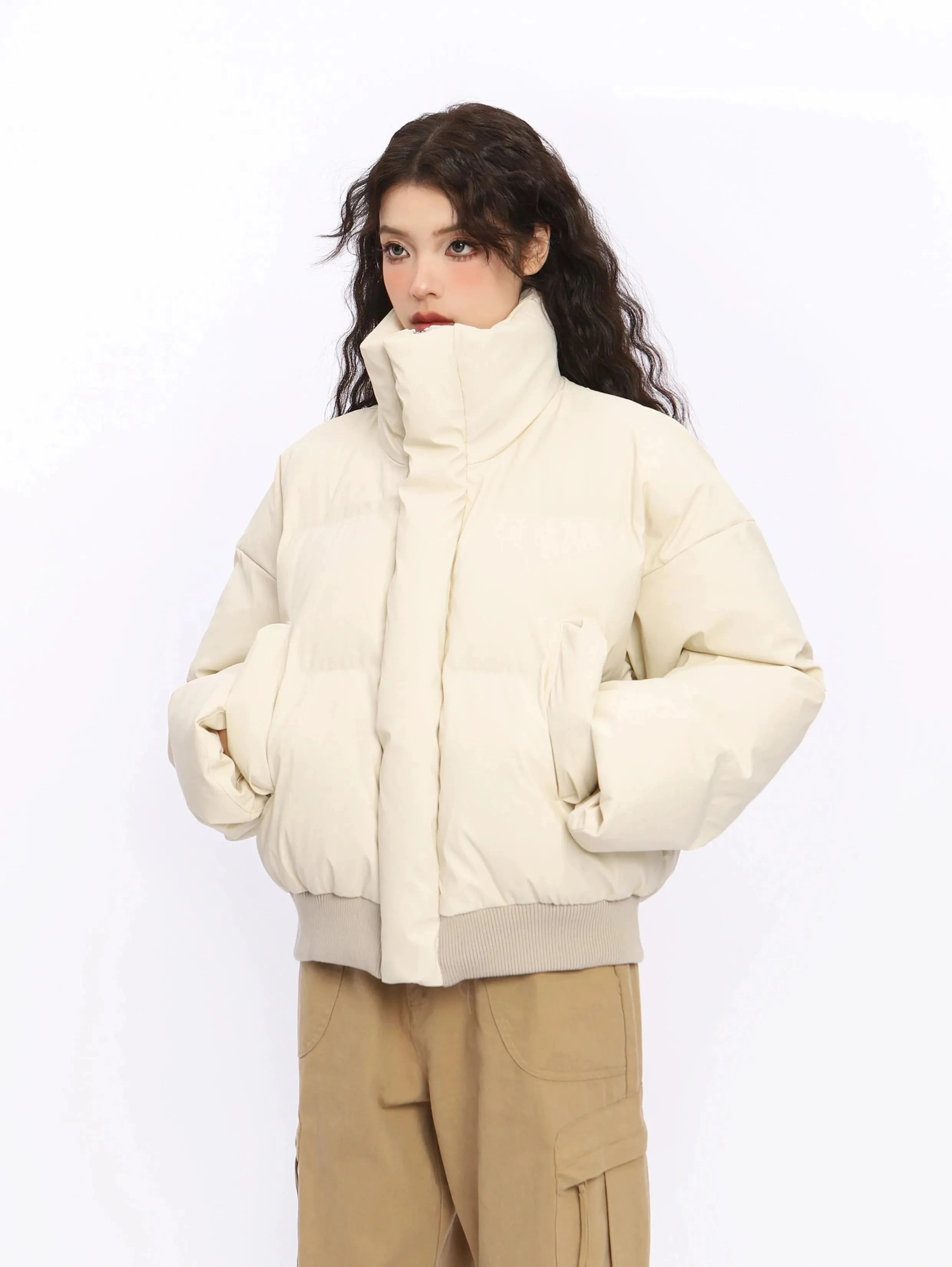 Puffer Jacket with Stand Collar and Elastic Hem